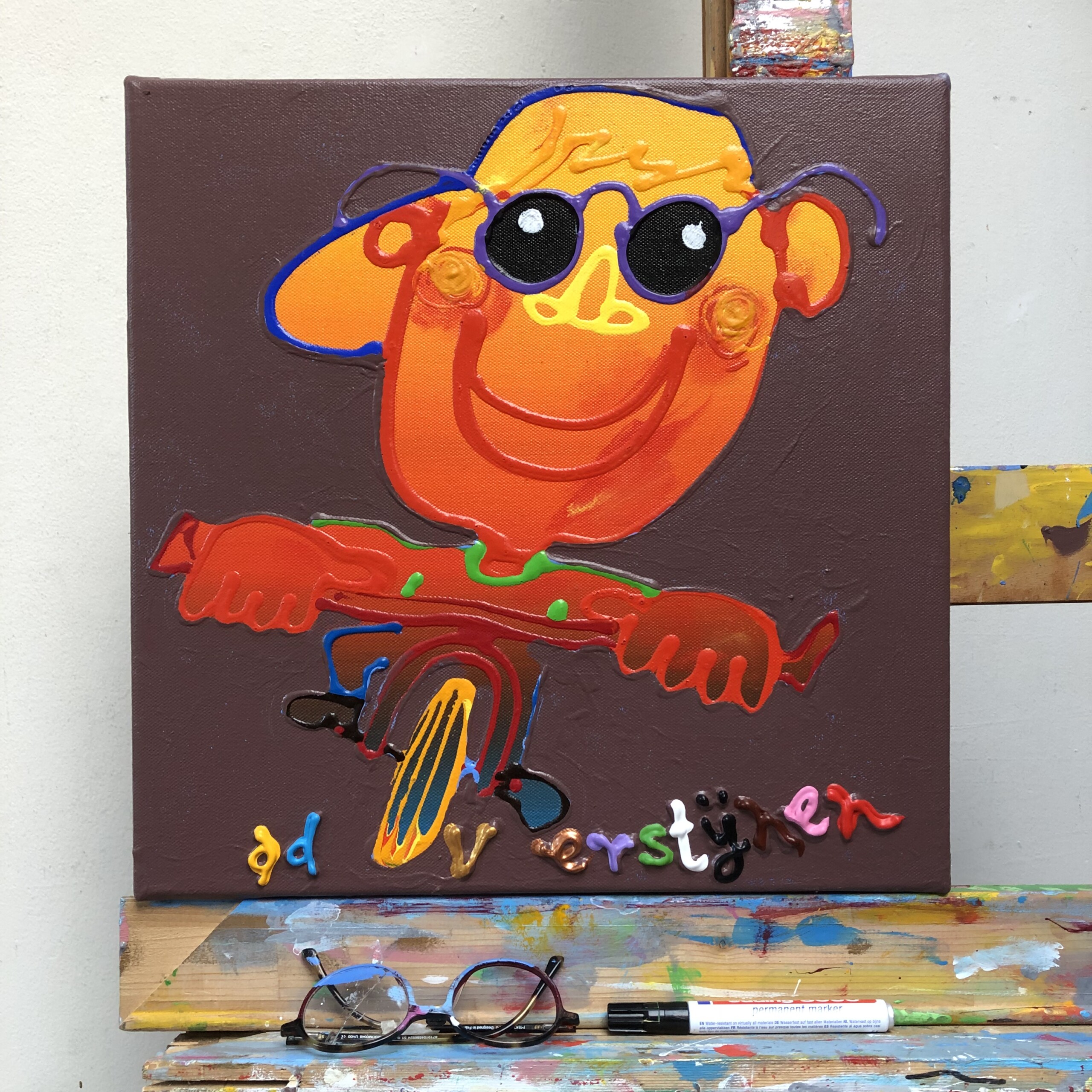 Vrolijke fietser 1990 40x40x2cm - unica - Afbeelding 3