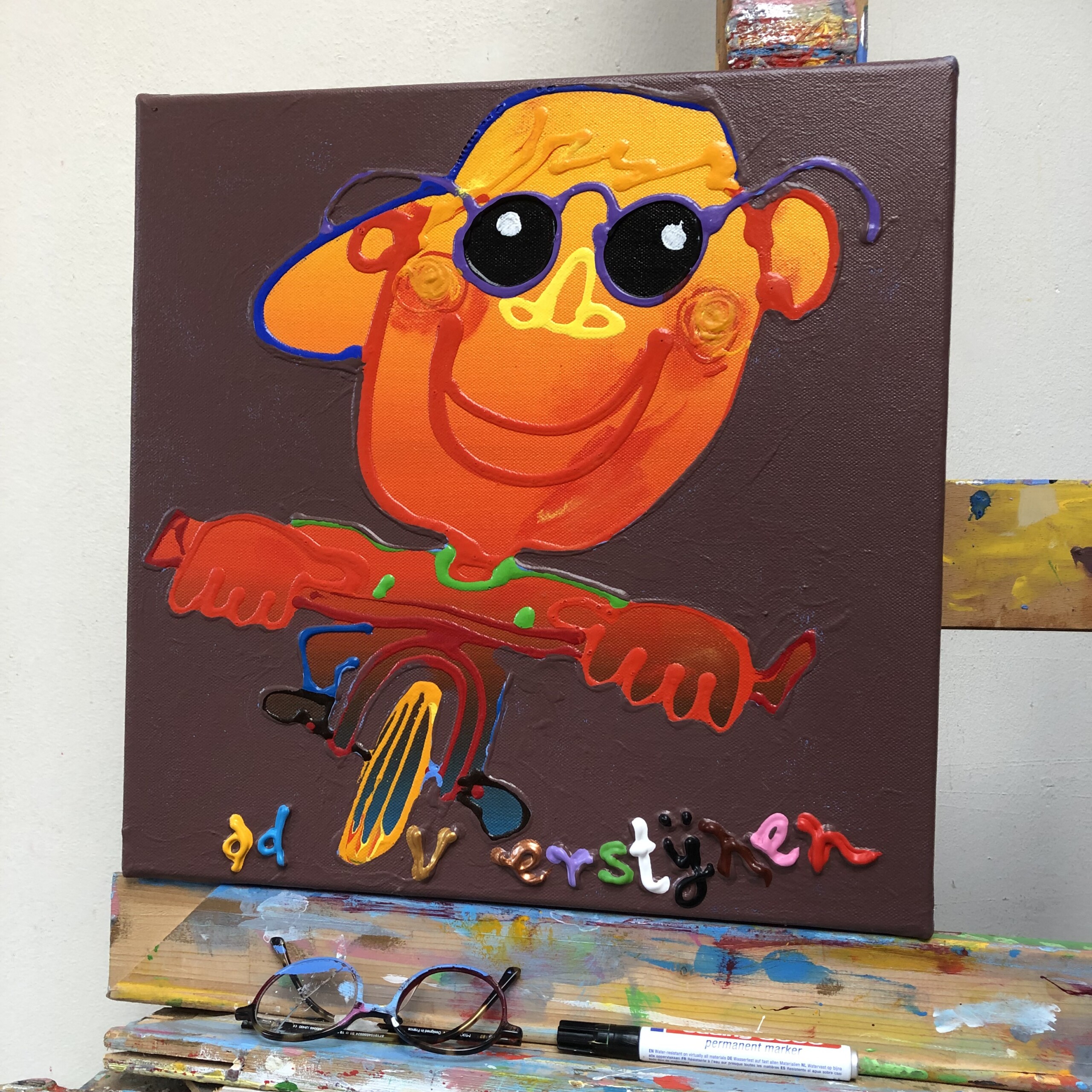 Vrolijke fietser 1990 40x40x2cm - unica - Afbeelding 4