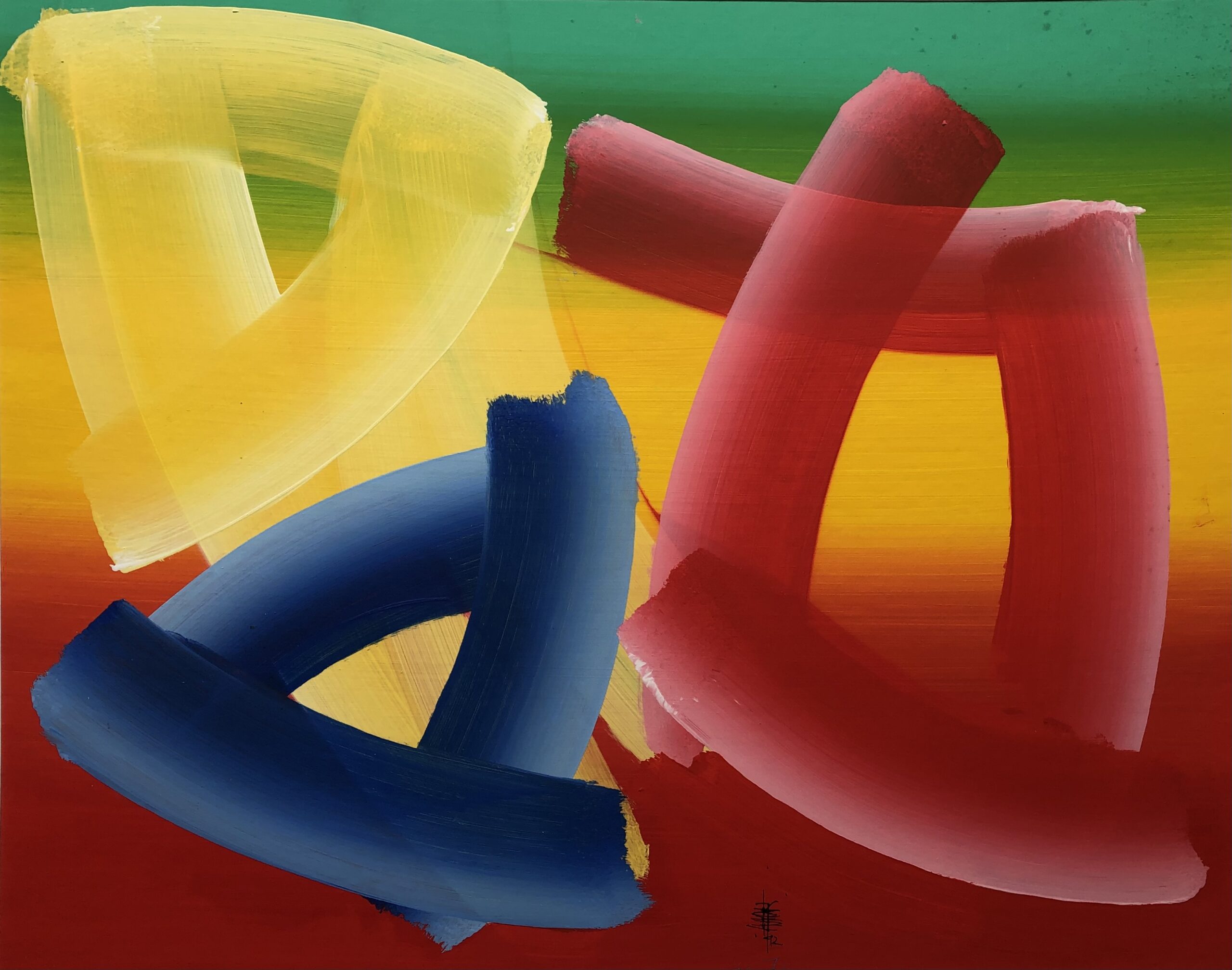 Abstracte vormen 3x geel blauw rood